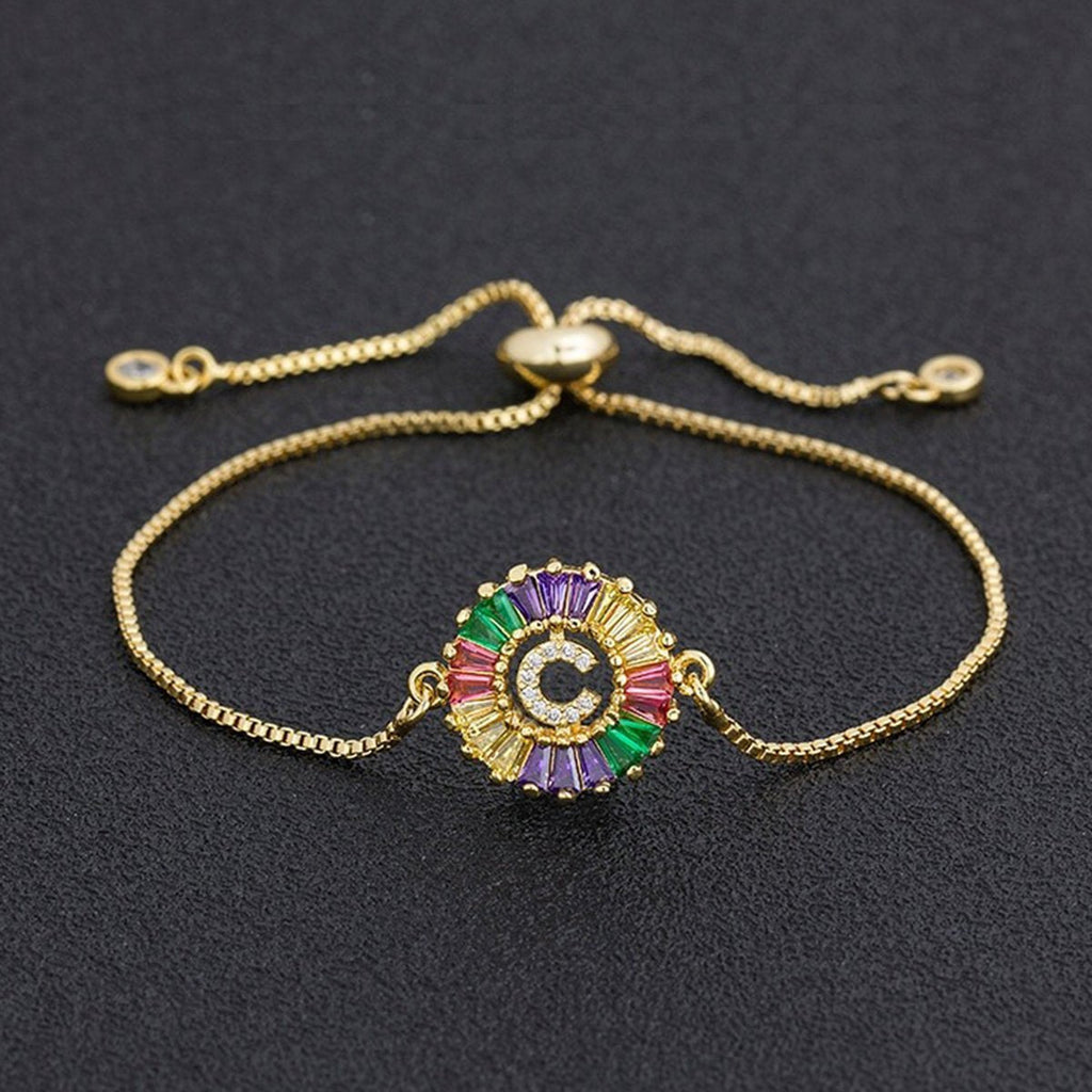 Colourful Rainbow Gold Initial Alphabet Letter Cz Slider Bracelet