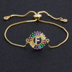Colourful Rainbow Gold Initial Alphabet Letter Cz Slider Bracelet