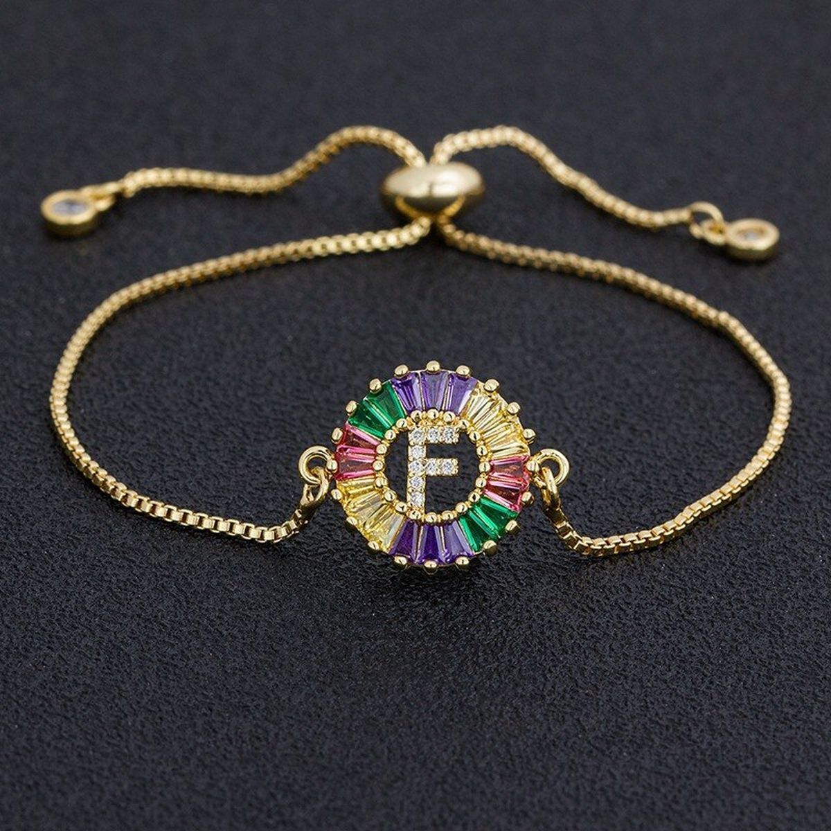 Colourful Rainbow Gold Initial Alphabet Letter Cz Slider Bracelet