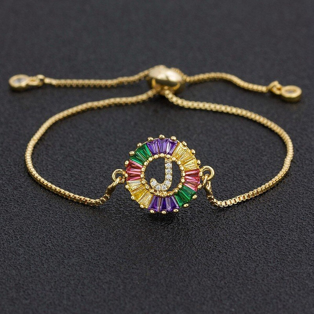 Colourful Rainbow Gold Initial Alphabet Letter Cz Slider Bracelet