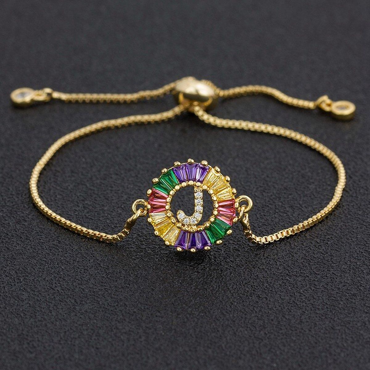 Colourful Rainbow Gold Initial Alphabet Letter Cz Slider Bracelet