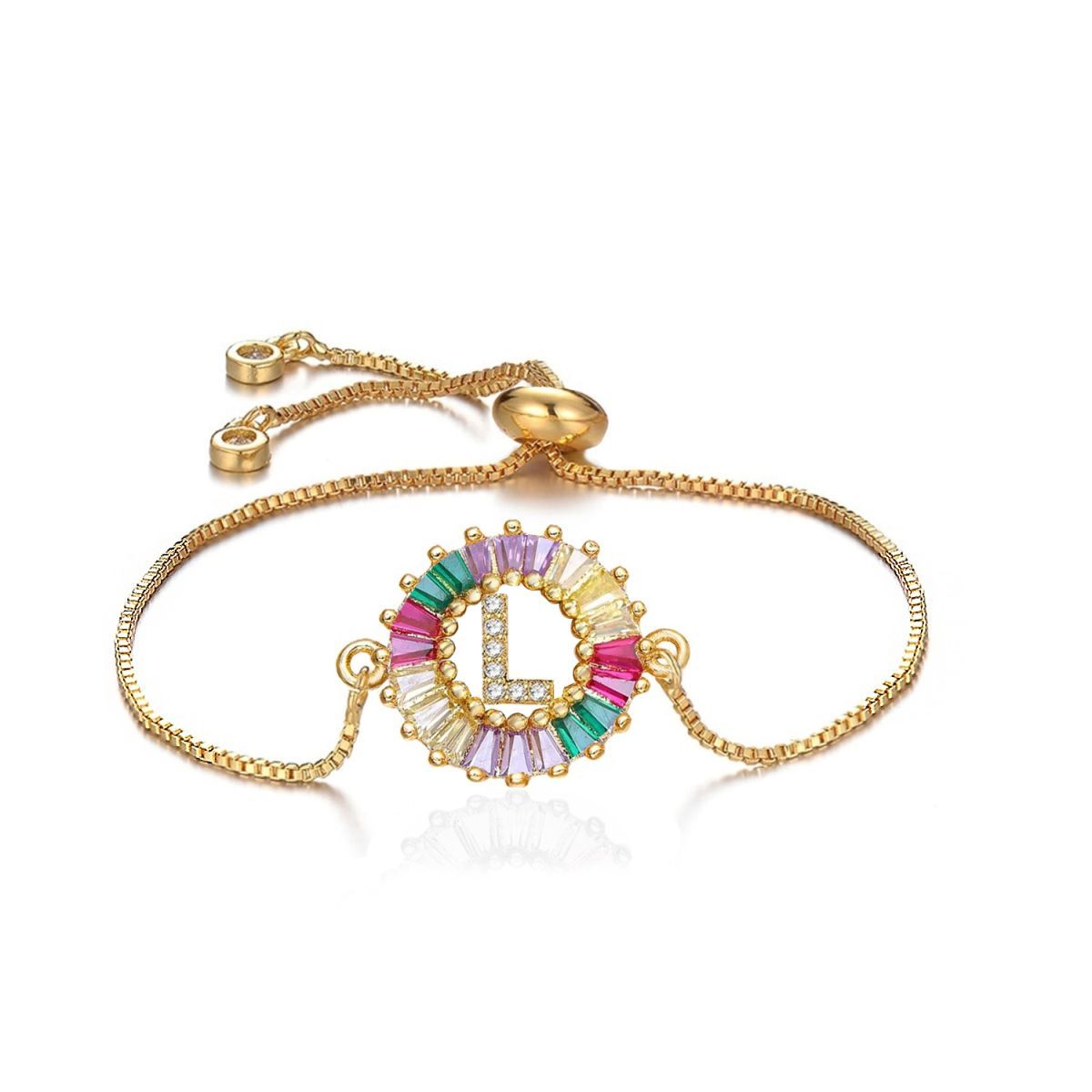 Colourful Rainbow Gold Initial Alphabet Letter Cz Slider Bracelet
