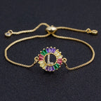 Colourful Rainbow Gold Initial Alphabet Letter Cz Slider Bracelet