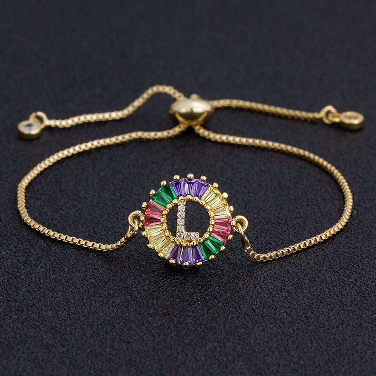 Colourful Rainbow Gold Initial Alphabet Letter Cz Slider Bracelet