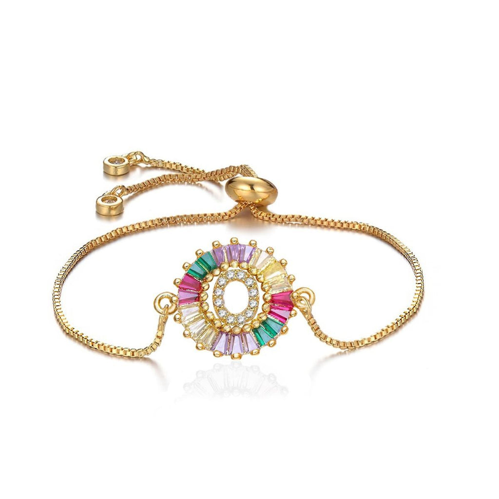 Colourful Rainbow Gold Initial Alphabet Letter Cz Slider Bracelet