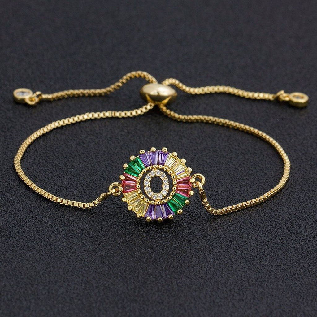 Colourful Rainbow Gold Initial Alphabet Letter Cz Slider Bracelet