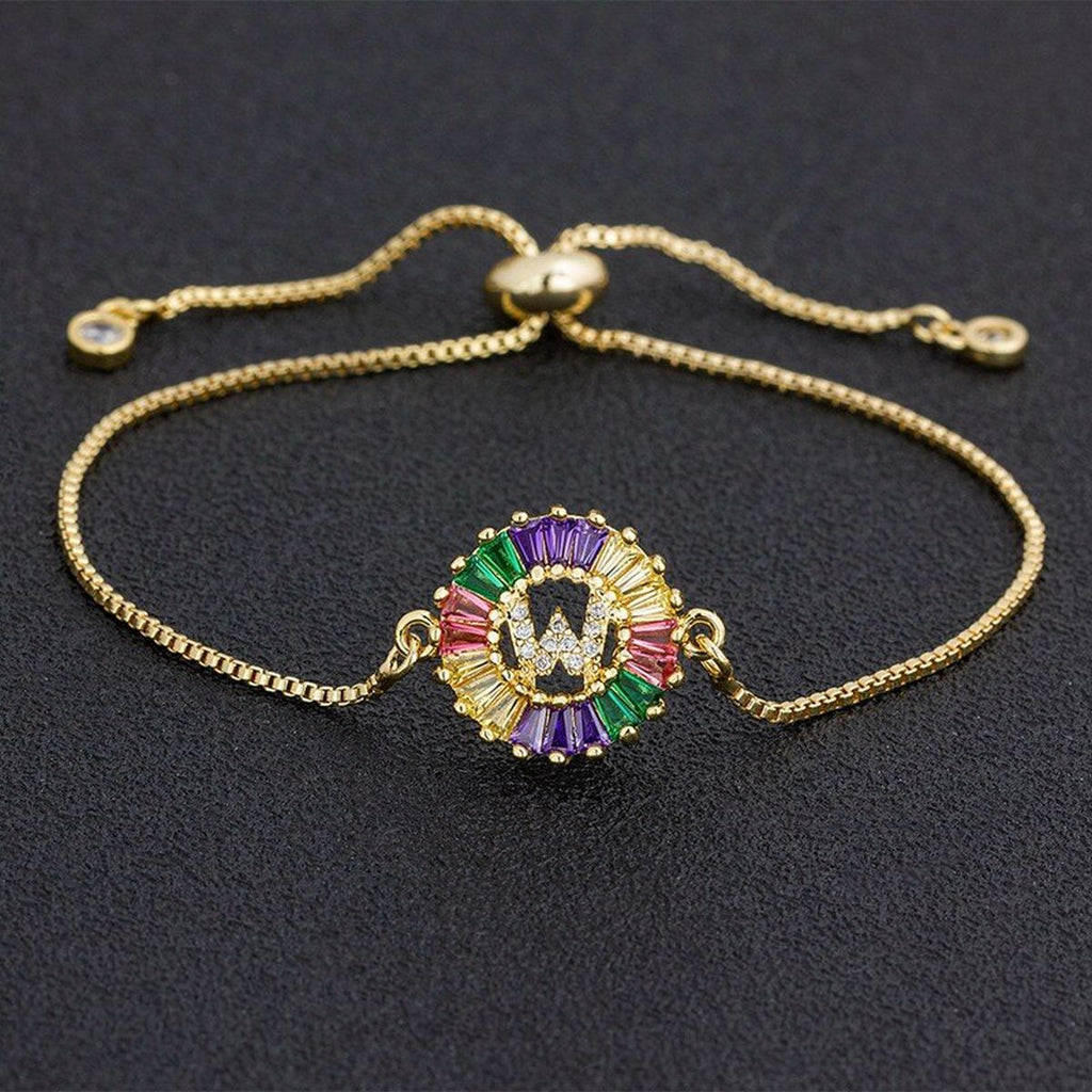Colourful Rainbow Gold Initial Alphabet Letter Cz Slider Bracelet