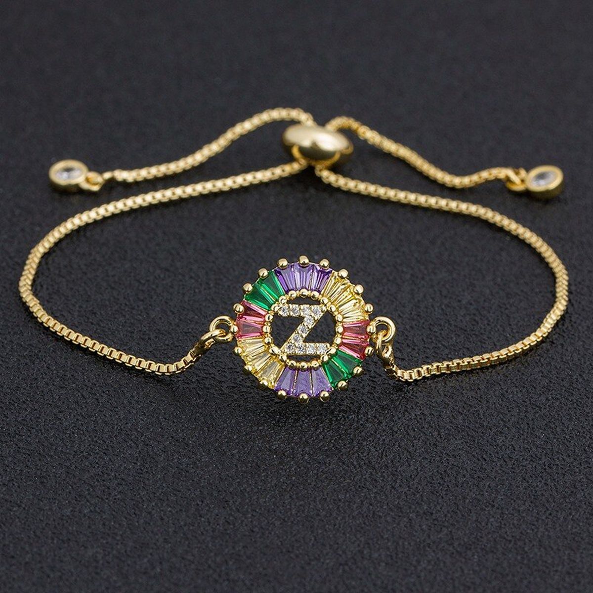 Colourful Rainbow Gold Initial Alphabet Letter Cz Slider Bracelet