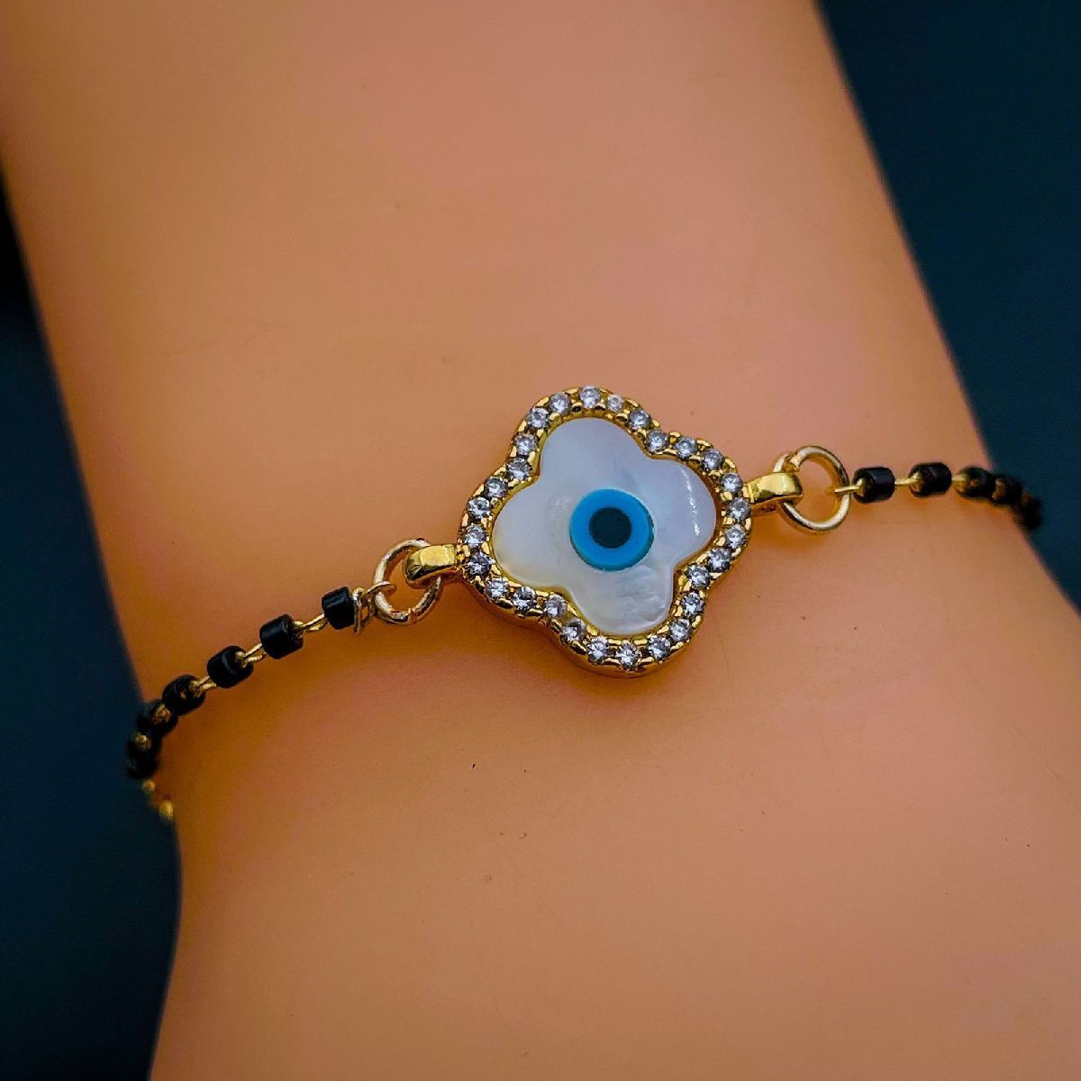 Clover Gold Evil Eye CZ Mother Of Pearl Hand Mangalsutra Bracelet Bulk Secondary image