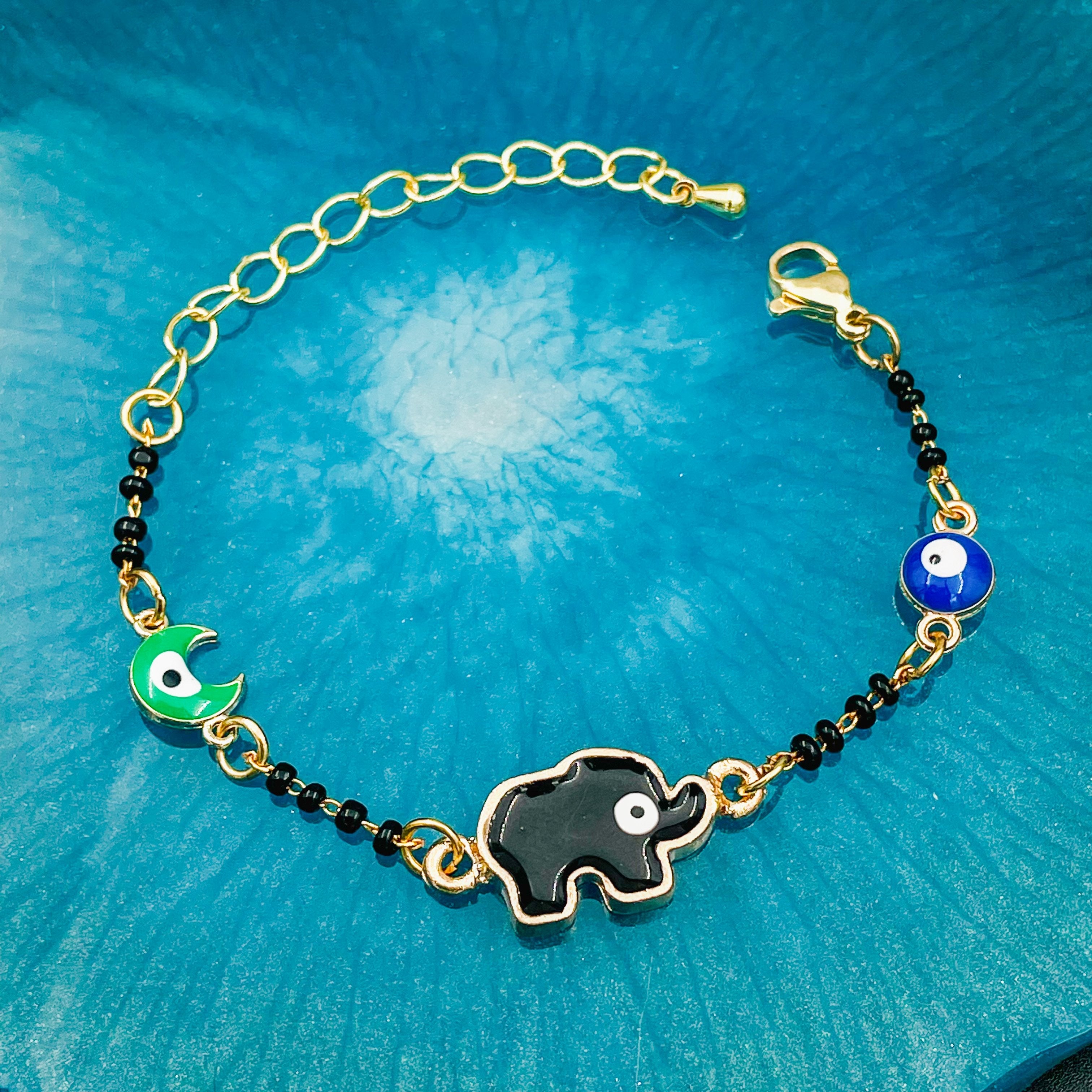 Brass Enamel Blue Black Gold Elephant Evil Eye Moon Evil Eye Mangalsutra Hand Bracelet For Baby Main image