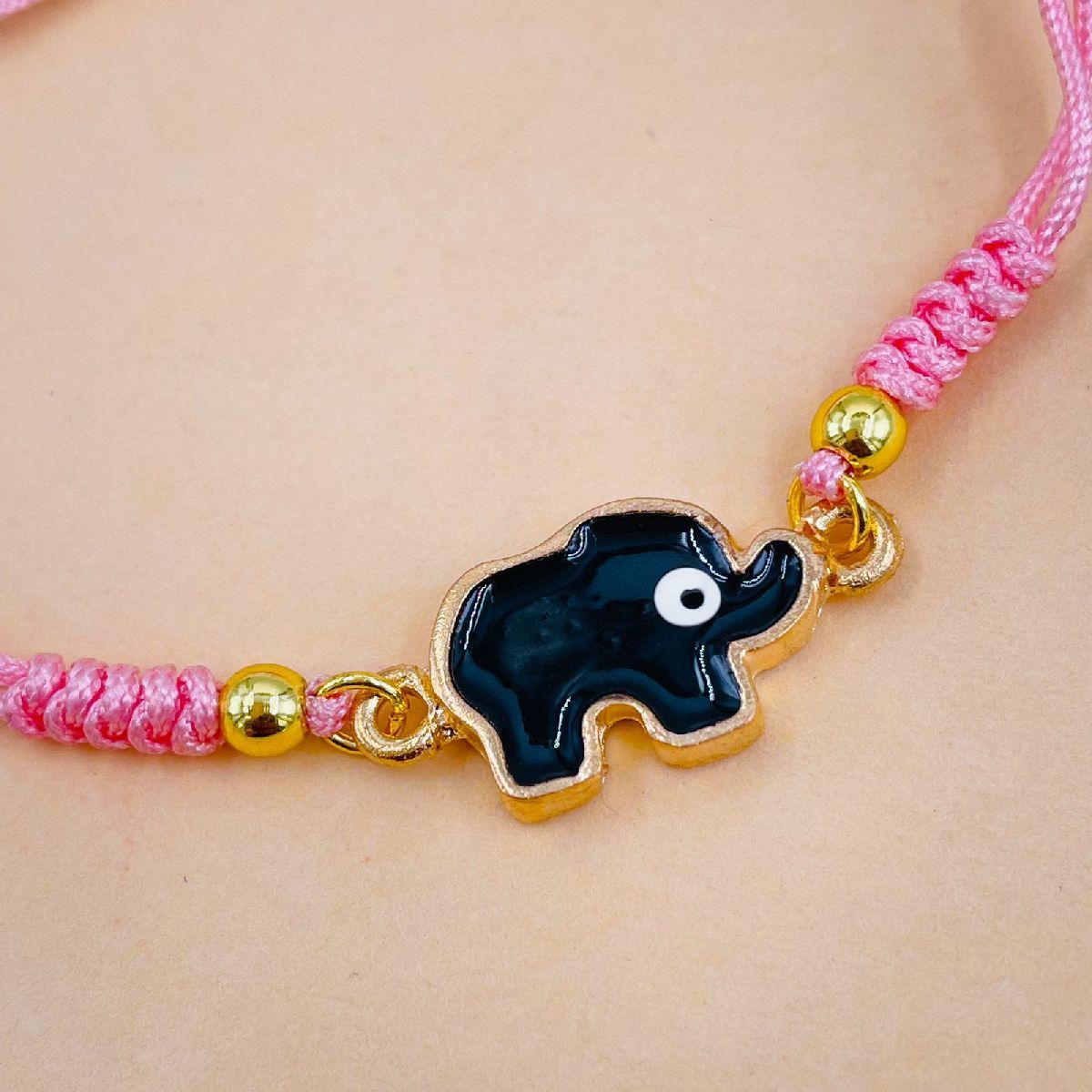 Elephant Evil Eye Pink Black Gold Enamel Thread Bracelet Bulk
