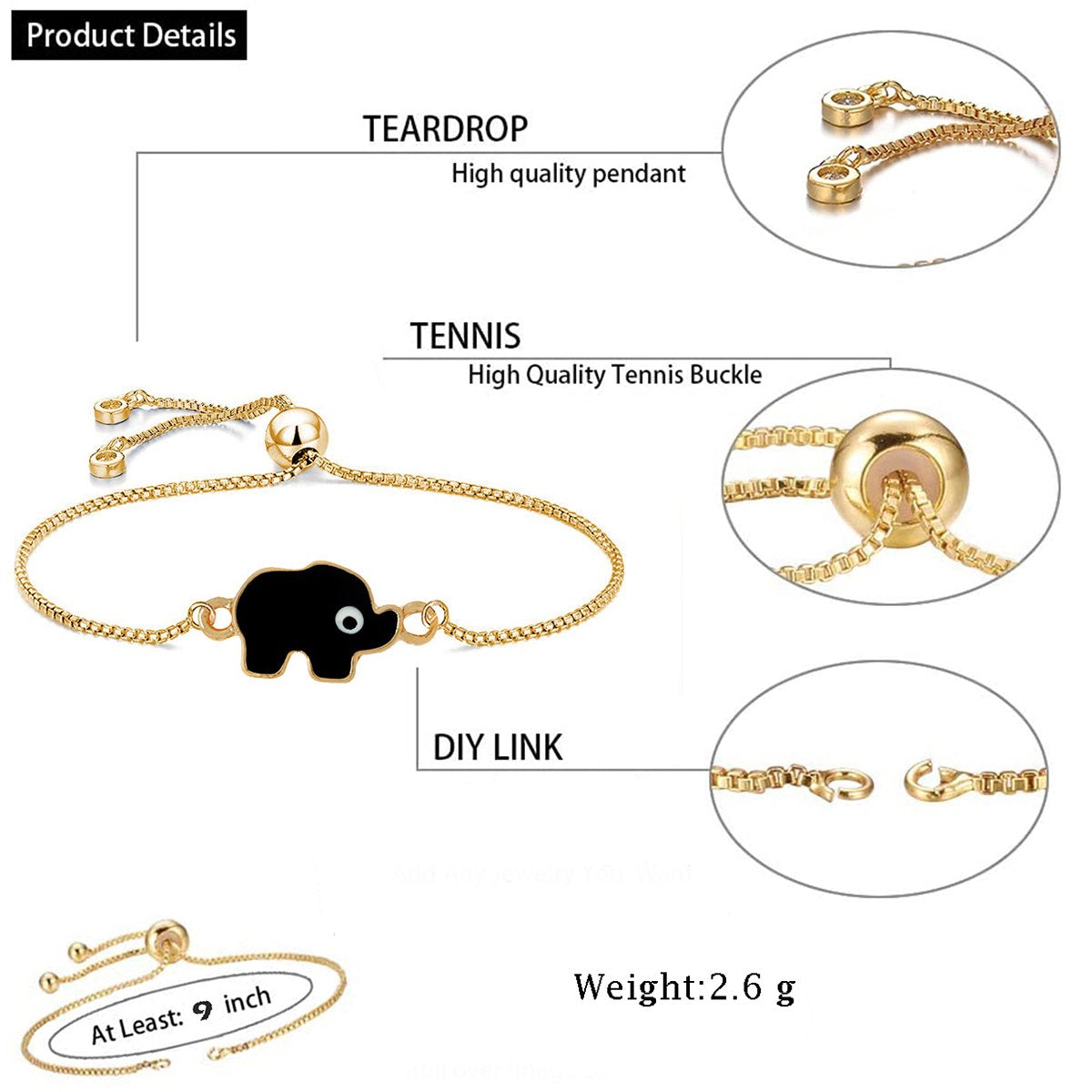 Gold Black Elephant Turkish Evil Eye Bracelet For Women Bulk