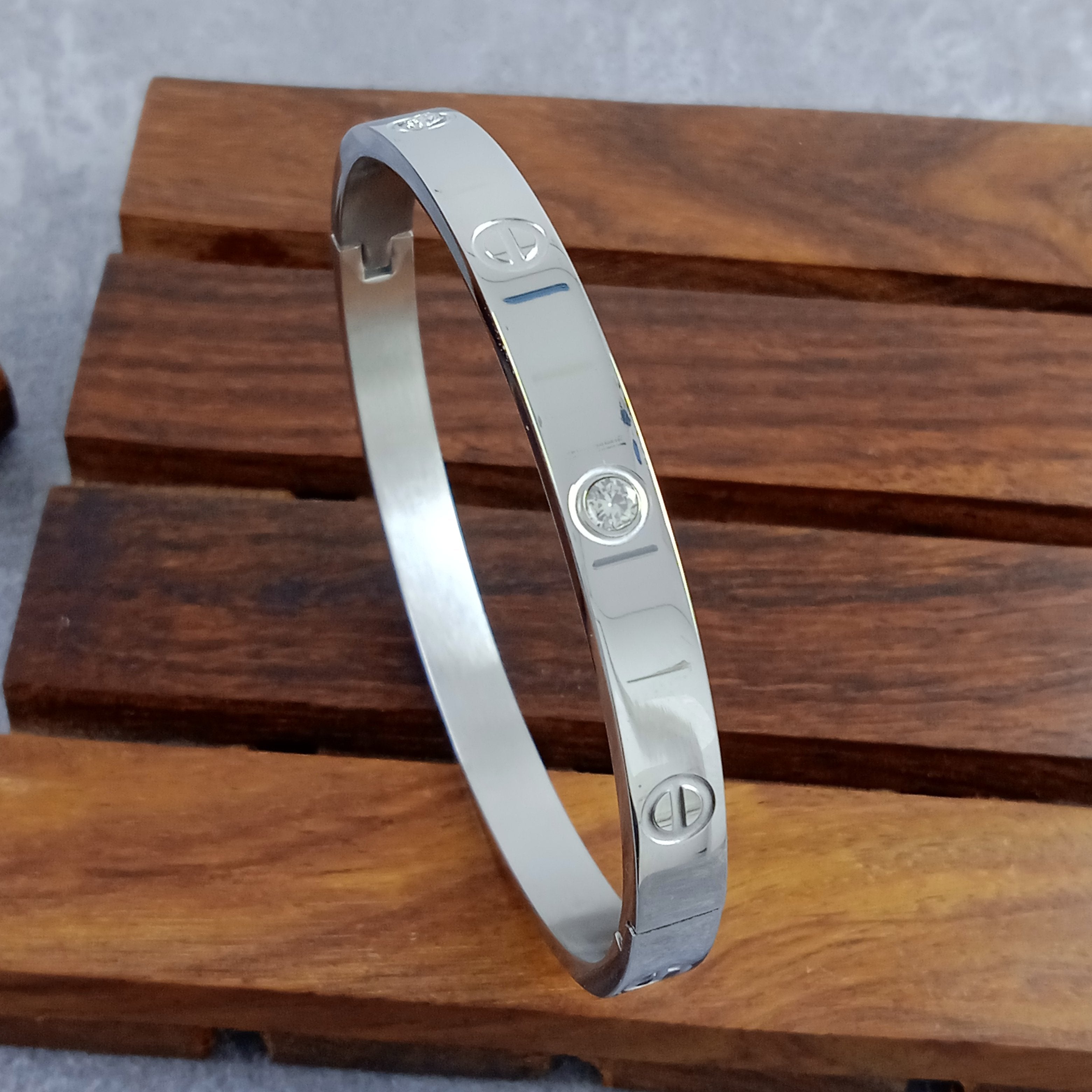Screw Luxury Silver CZ Stainless Steel Cuff Kada Bangle Bulk