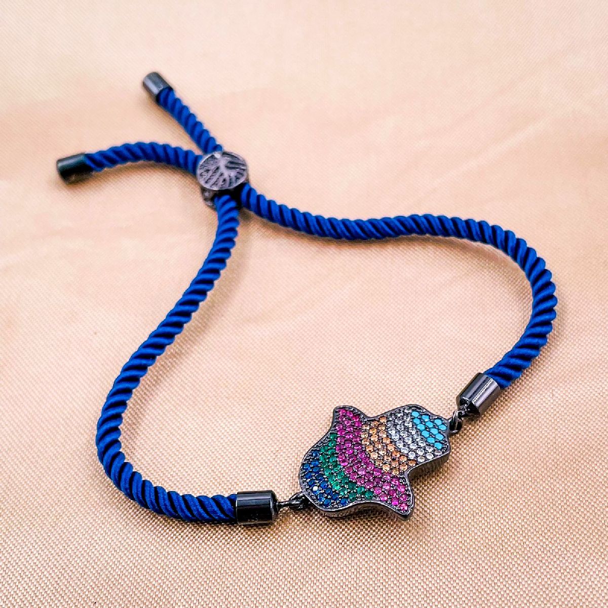 Rainbow Hamsa Copper Black Cubic Zirconia Thread Slider Bracelet Bulk Main image