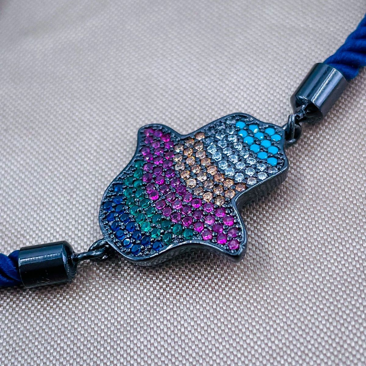 Rainbow Hamsa Copper Black Cubic Zirconia Thread Slider Bracelet Bulk Secondary image