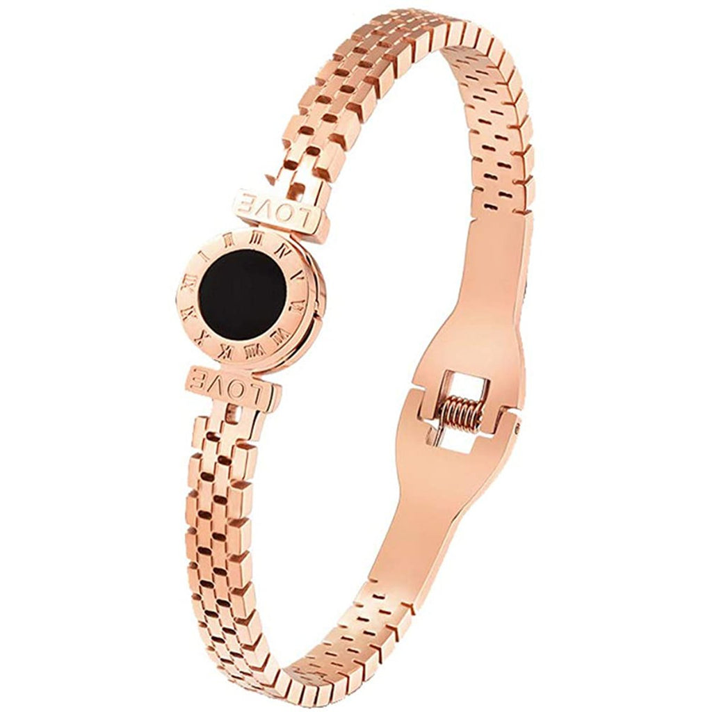 Roman Rose Gold Watch Stripe Stainless Steel Openable Kada Bracelet For Women