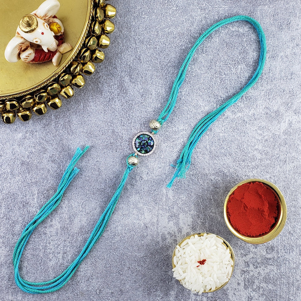 Round American Diamond Gold Blue Thread Rakhi For Men Bulk