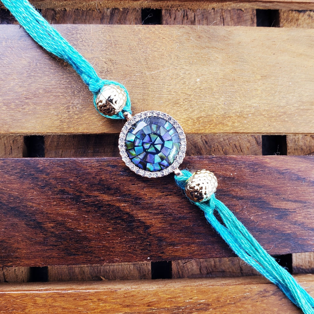 Round American Diamond Gold Blue Thread Rakhi For Men Bulk