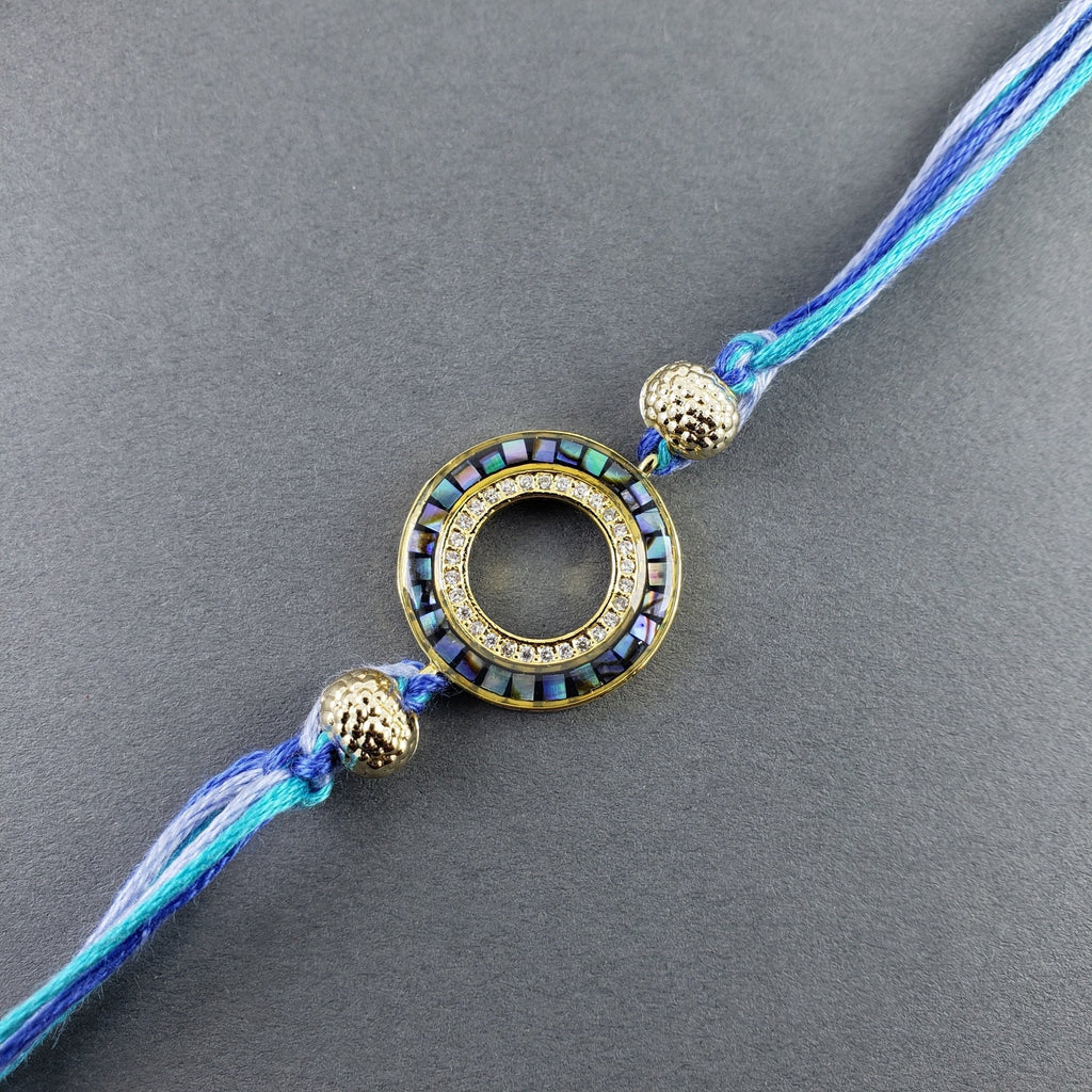 Round Gold Blue Cubic Zirconia Beads Thread Rakhi For Men Bulk