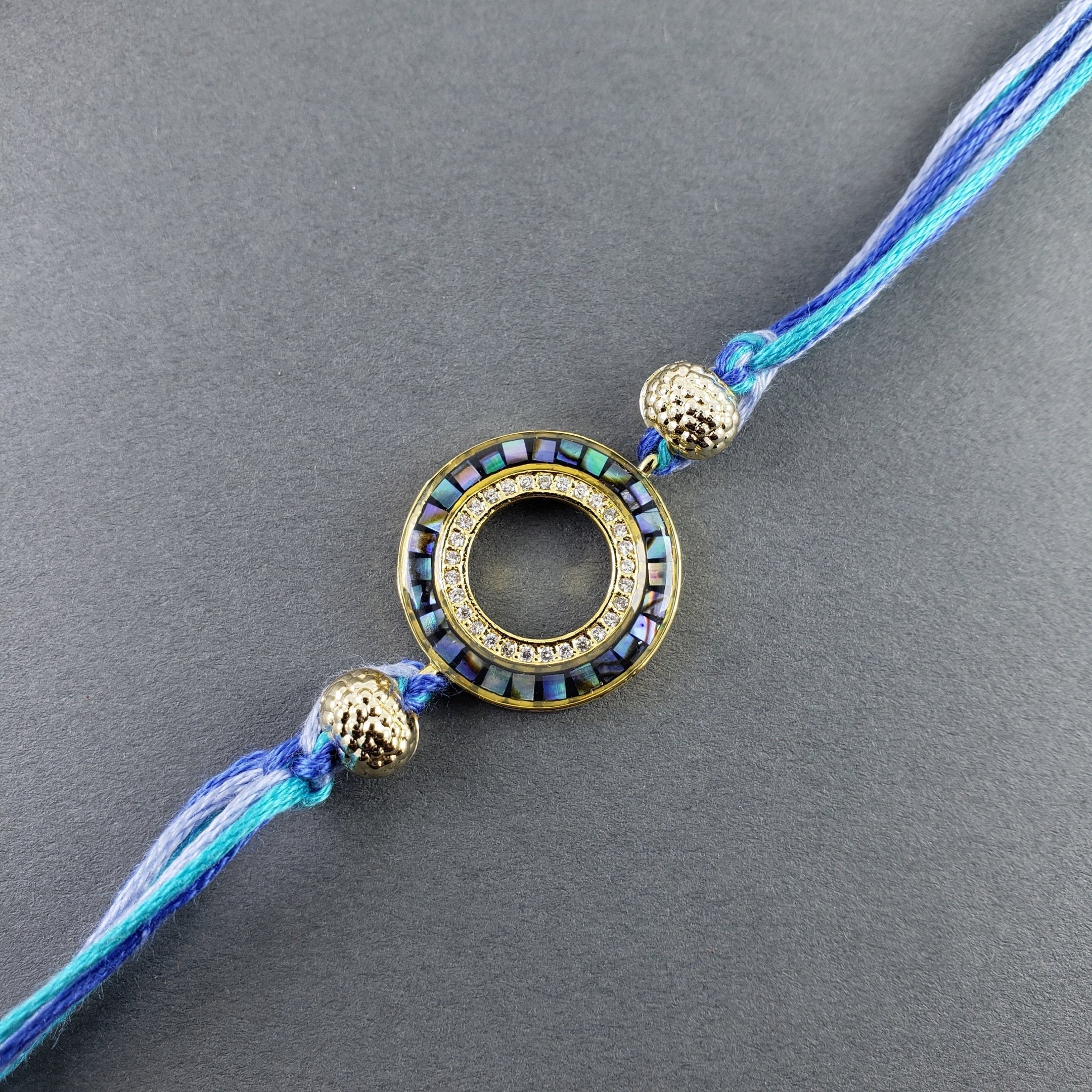 Round Gold Blue Cubic Zirconia Beads Thread Rakhi For Men Bulk