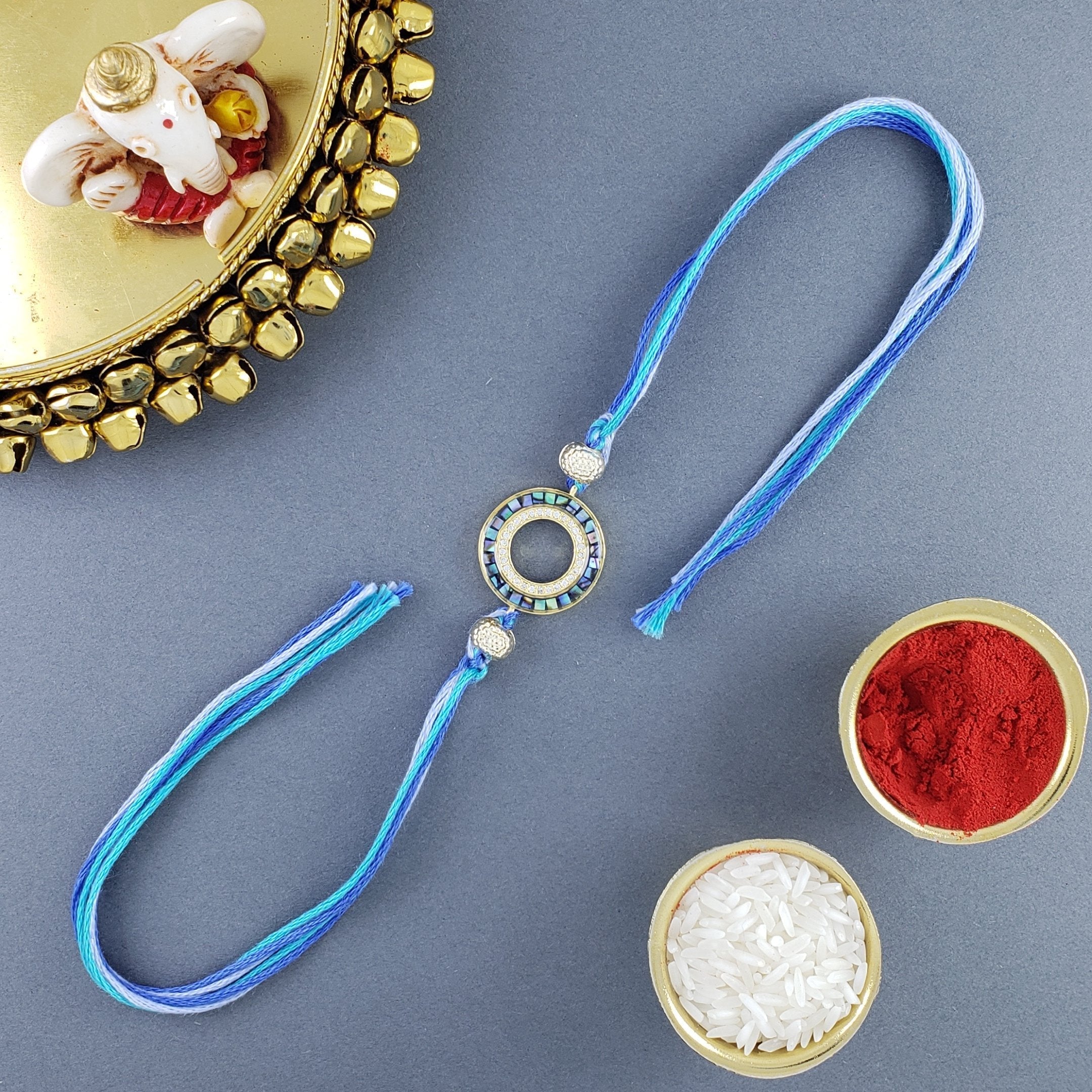 Round Gold Blue Cubic Zirconia Beads Thread Rakhi For Men Bulk