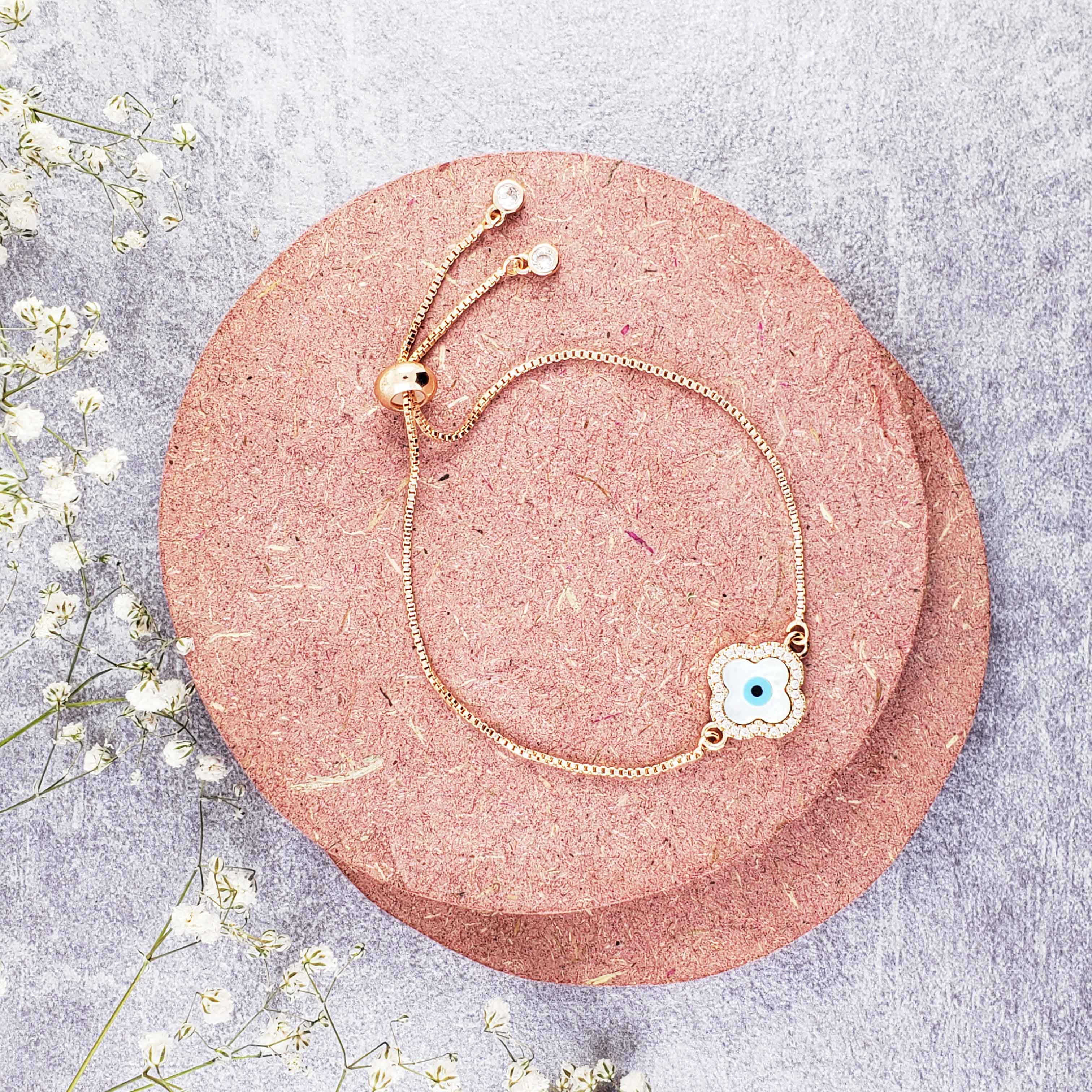Flower Evil Eye Rose Gold CZ Slider Adjustable Bracelet Bulk