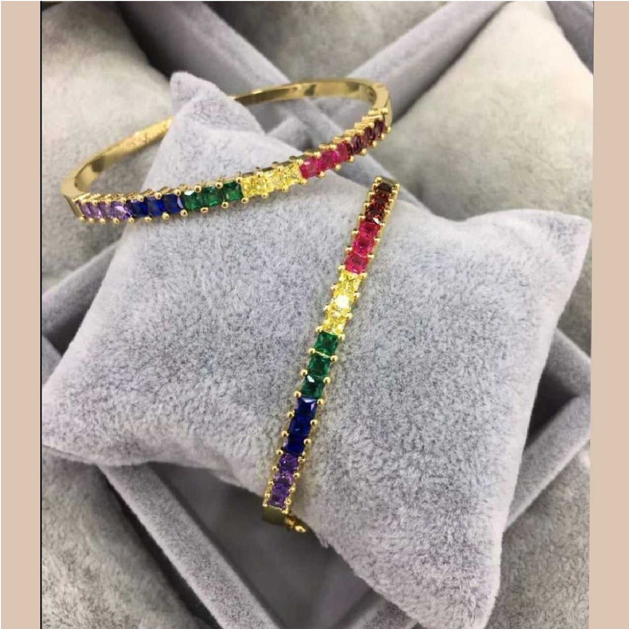 Rainbow Gold Princess Cut Crystal Cubic Zirconia Cuff Kada Bangle Bulk
