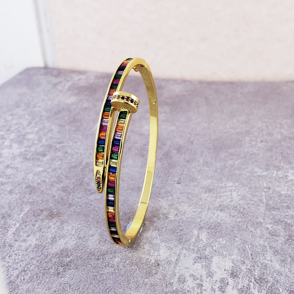Rainbow Nail American Diamond Crystal Gold Openable Kada Bangle Bulk