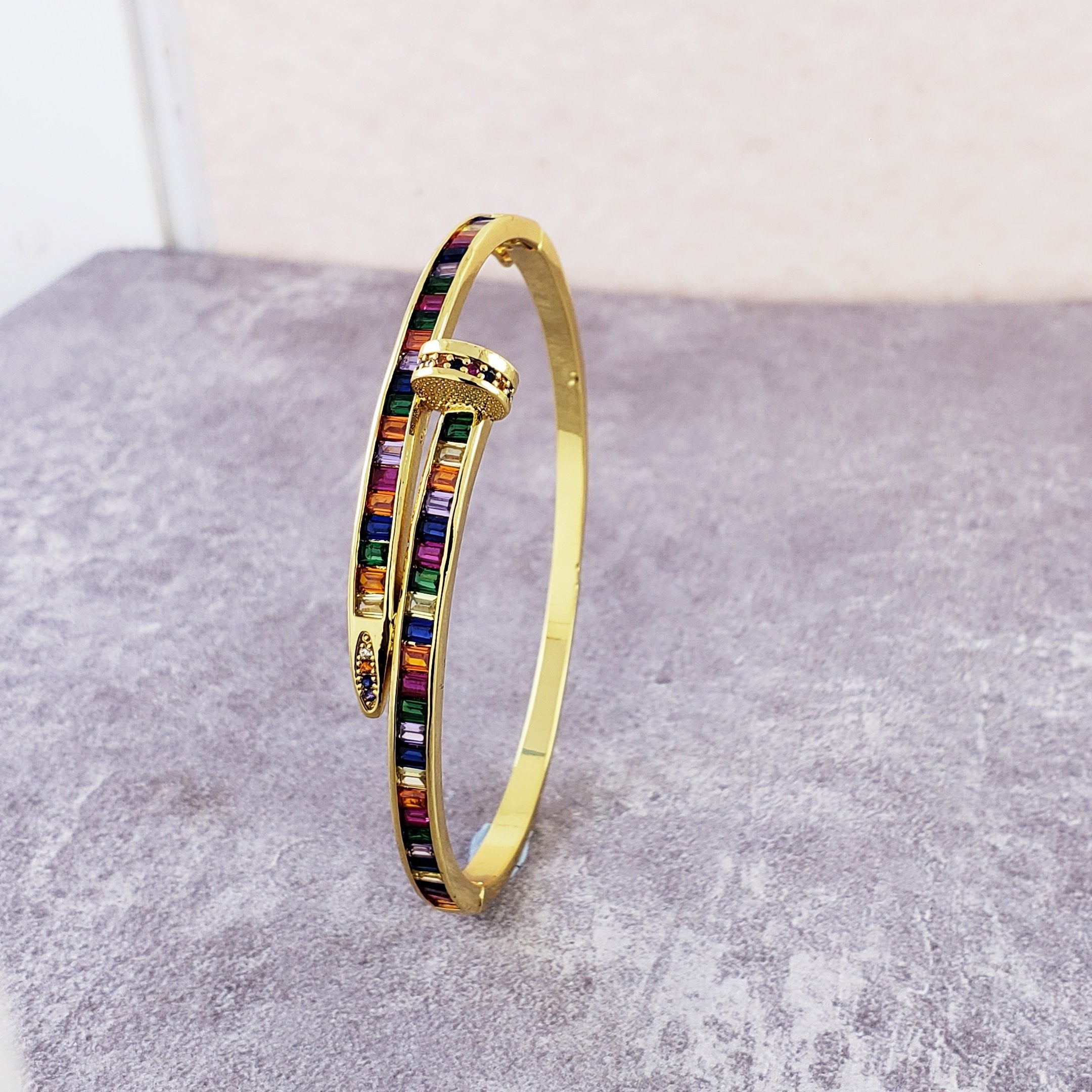 Rainbow Nail American Diamond Crystal Gold Openable Kada Bangle Bulk