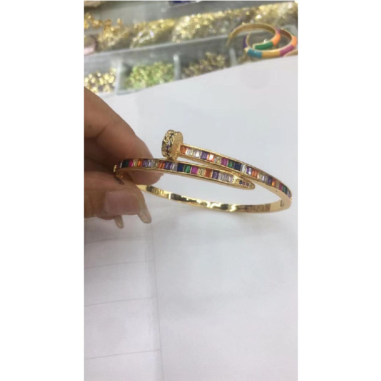 Rainbow Nail American Diamond Crystal Gold Openable Kada Bangle Bulk