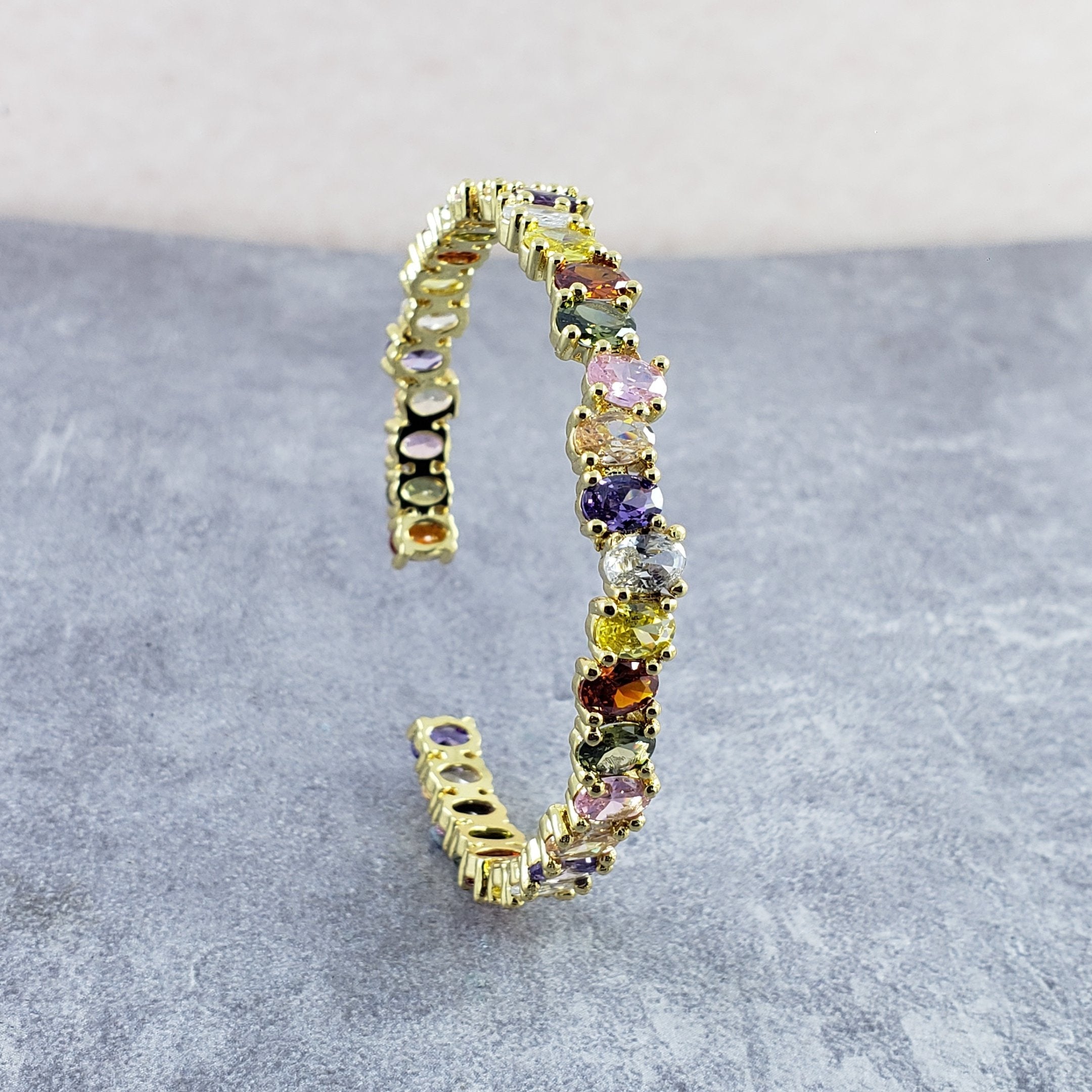 Rainbow Round American Diamond Crystal Gold Cuff Kada Bangle Bulk