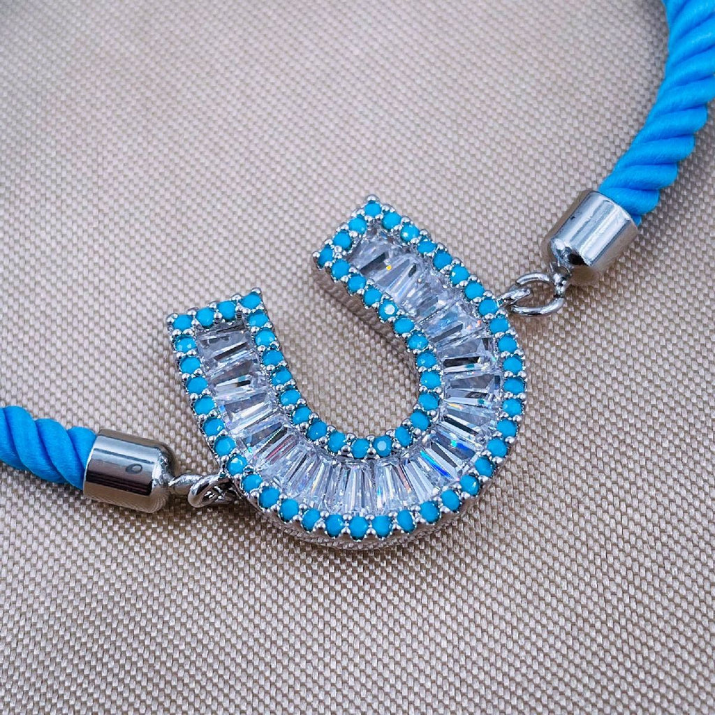 Horse Shoe Copper Blue Silver CZ Thread Slider Bracelet Bulk