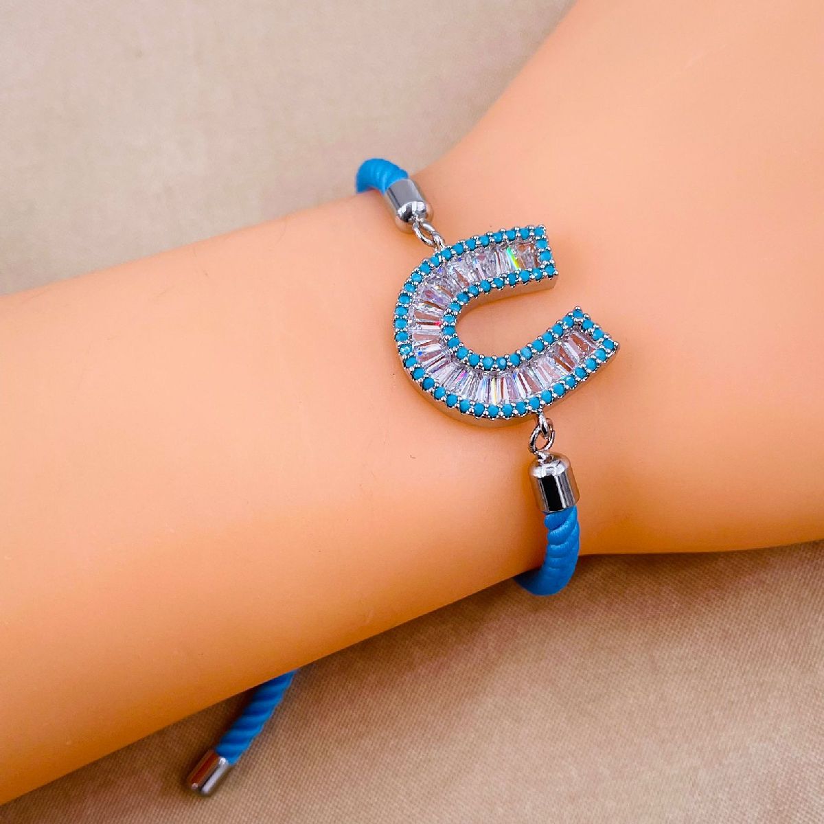 Horse Shoe Copper Blue Silver CZ Thread Slider Bracelet Bulk