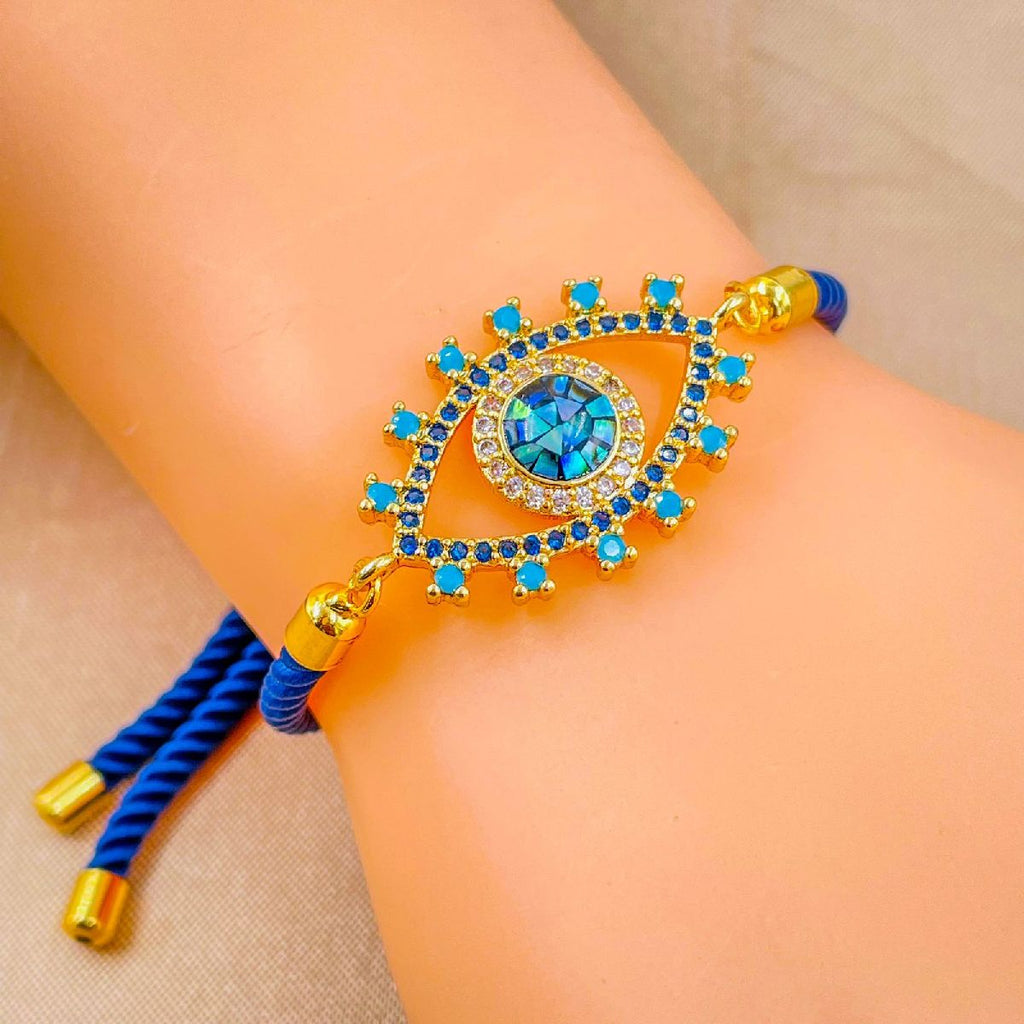 Evil Eye Copper Blue Gold Cubic Zirconia Thread Slider Bracelet Bulk
