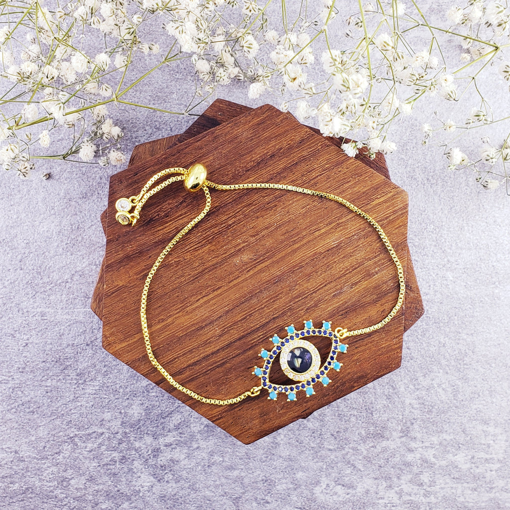 Evil Eye Blue Gold Cubic Zirconia Slider Adjustable Bracelet Men Bulk