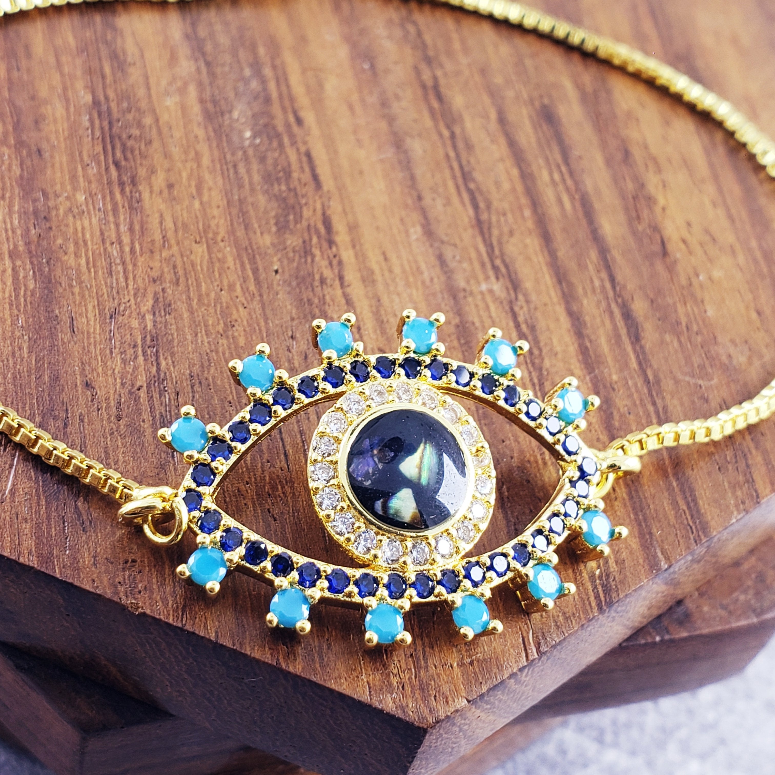 Evil Eye Blue Gold Cubic Zirconia Slider Adjustable Bracelet Men Bulk