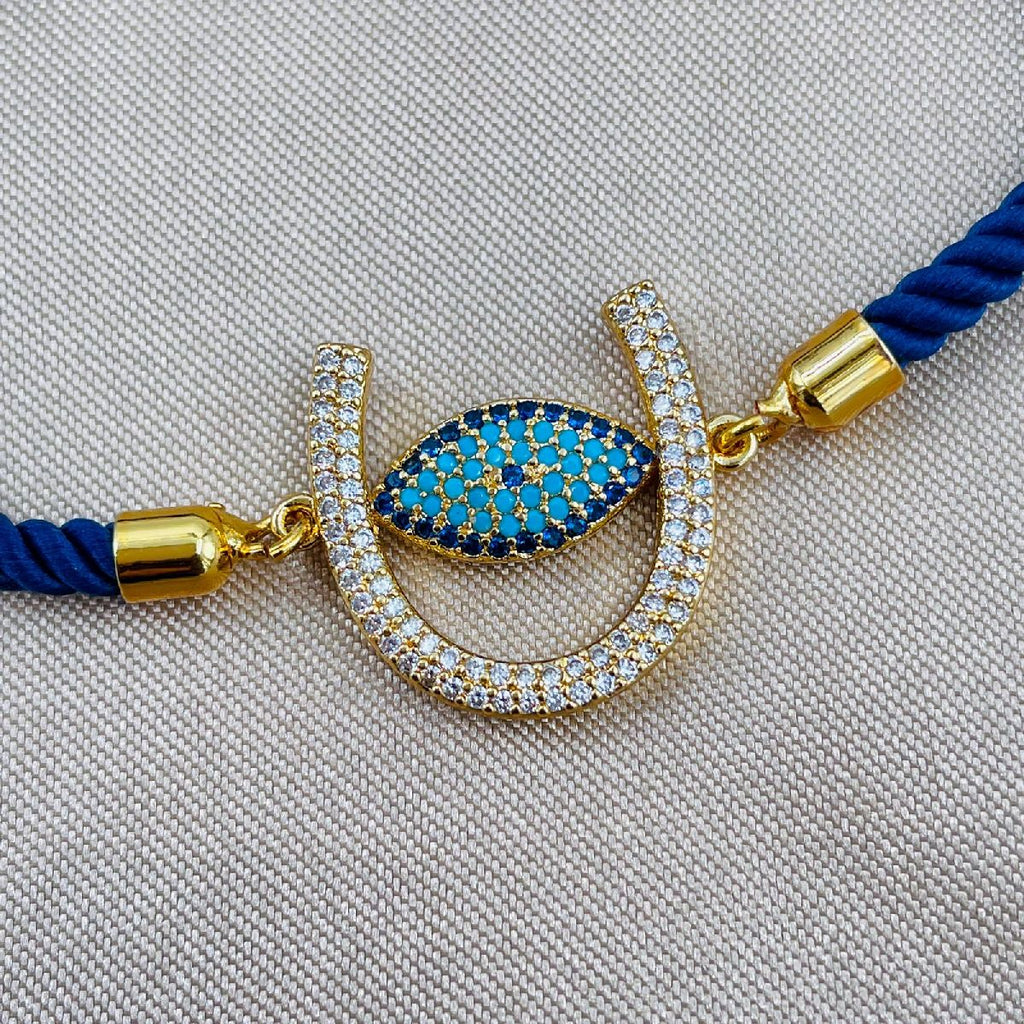 Horse Shoe Evil Eye Copper Blue Gold CZ Slider Bracelet Bulk