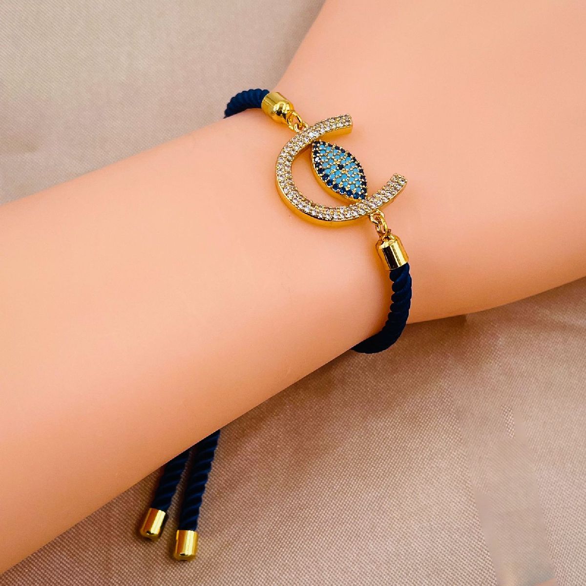 Horse Shoe Evil Eye Copper Blue Gold CZ Slider Bracelet Bulk
