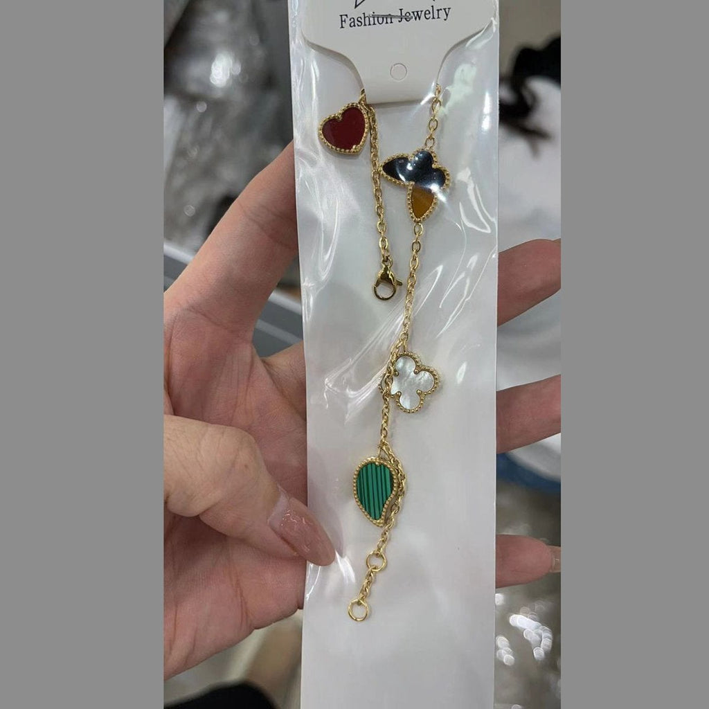 Clover Stainless Steel Flower Red Green Link Chain Bracelet Women
