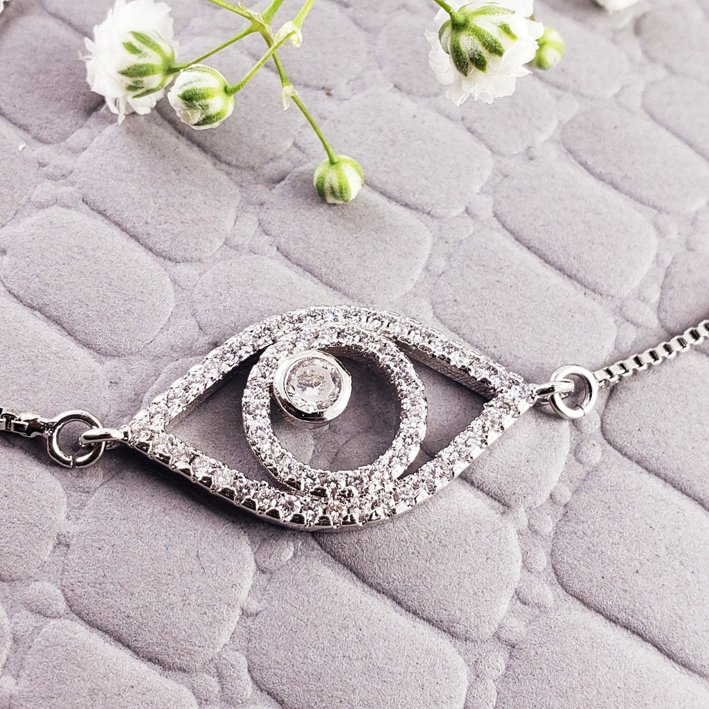 Evil Eye White Silver Cubic Zirconia Slider Adjustable Bracelet Bulk