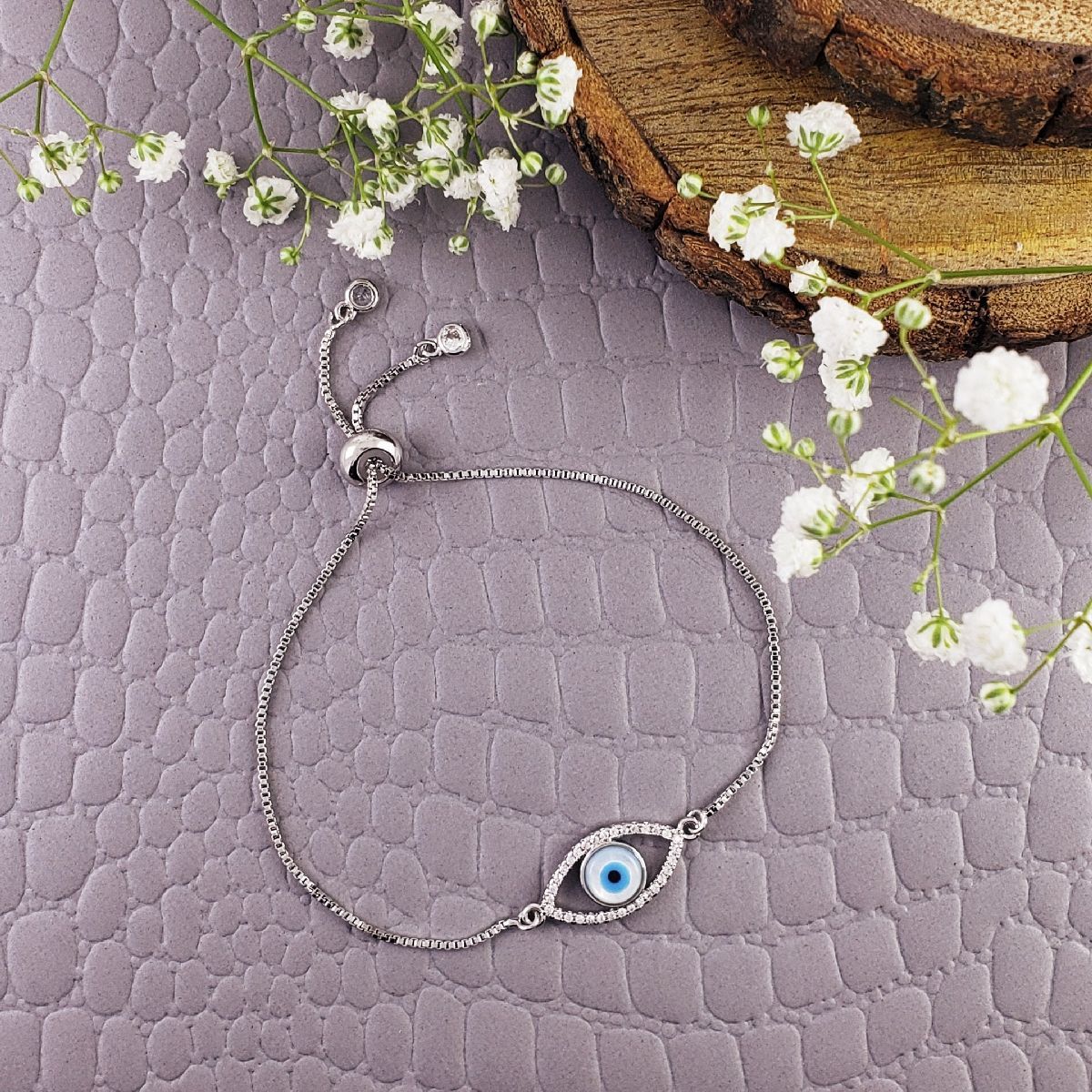 Copper Cubic Zirconia Silver Evil Eye Adjustable Slider Bracelet Bulk Main image