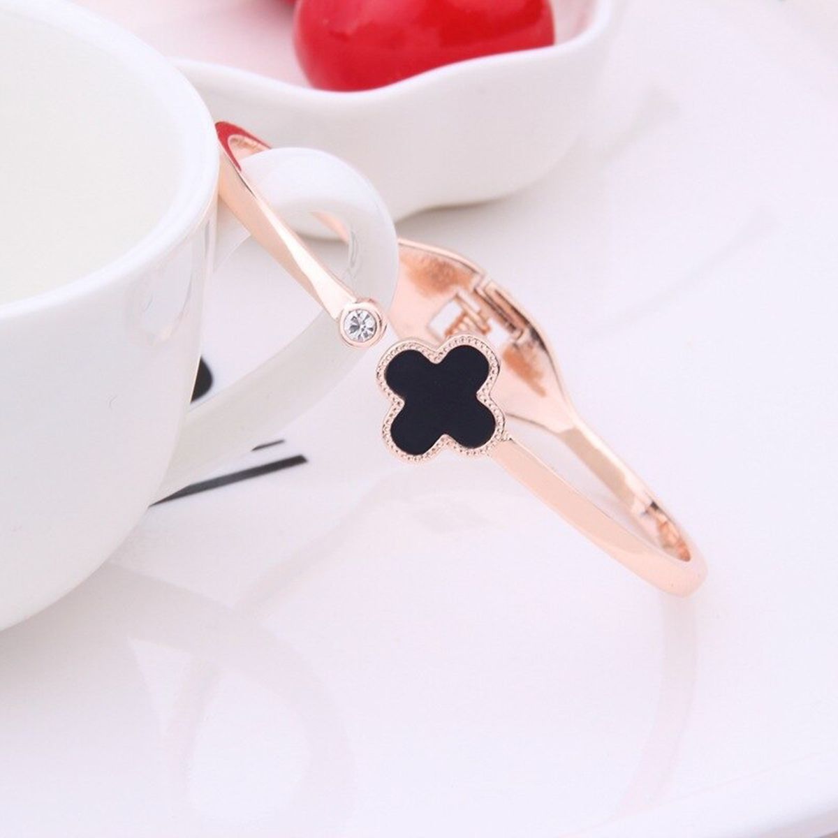 Clover Stainless Steel Flower Rose Gold Black Openable Slim Kada Bangle Women Main image