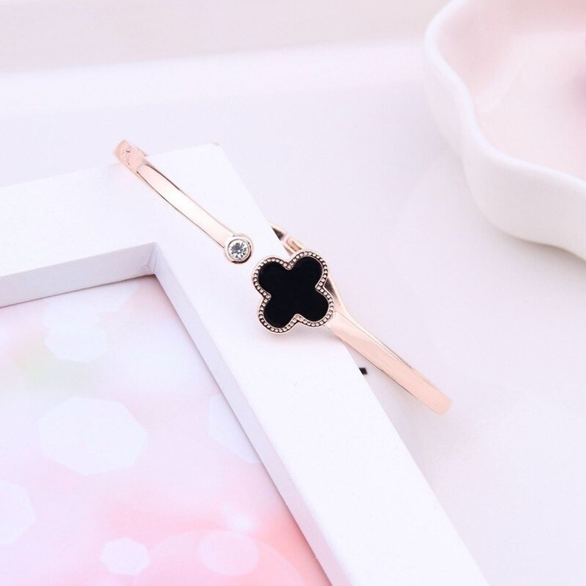 Clover Stainless Steel Flower Rose Gold Black Openable Slim Kada Bangle Women Secondary image