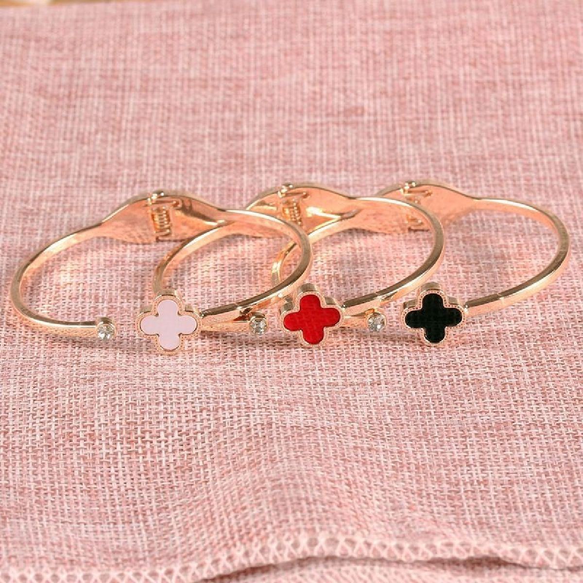 Clover Stainless Steel Flower Rose Gold Black Openable Slim Kada Bangle Women