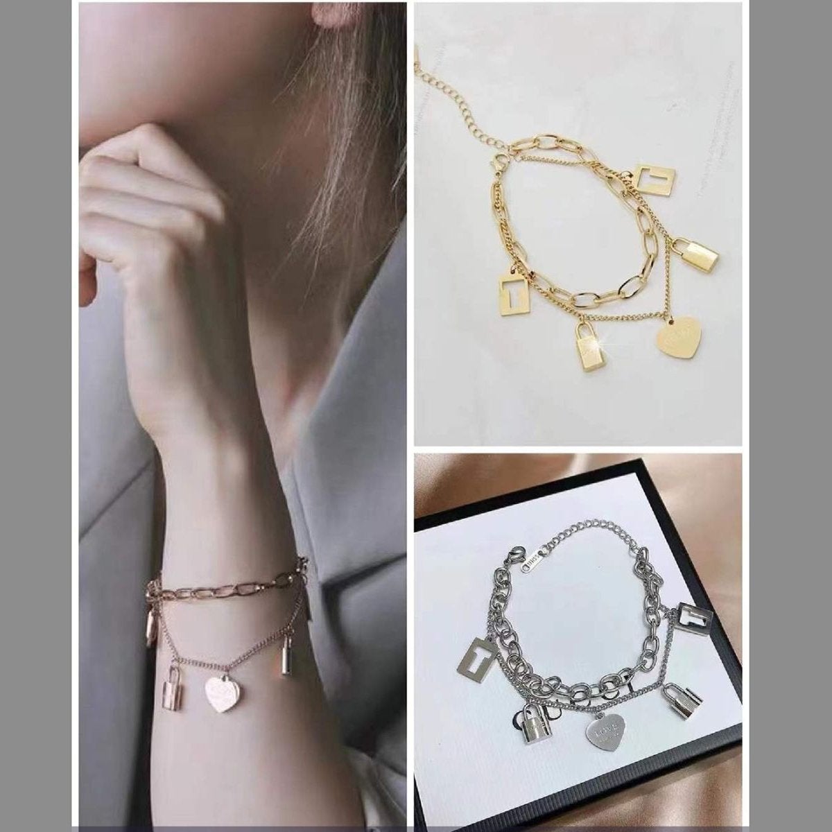 Stainless Steel Gold Lock Heart Link Chain Bracelet Women Bulk