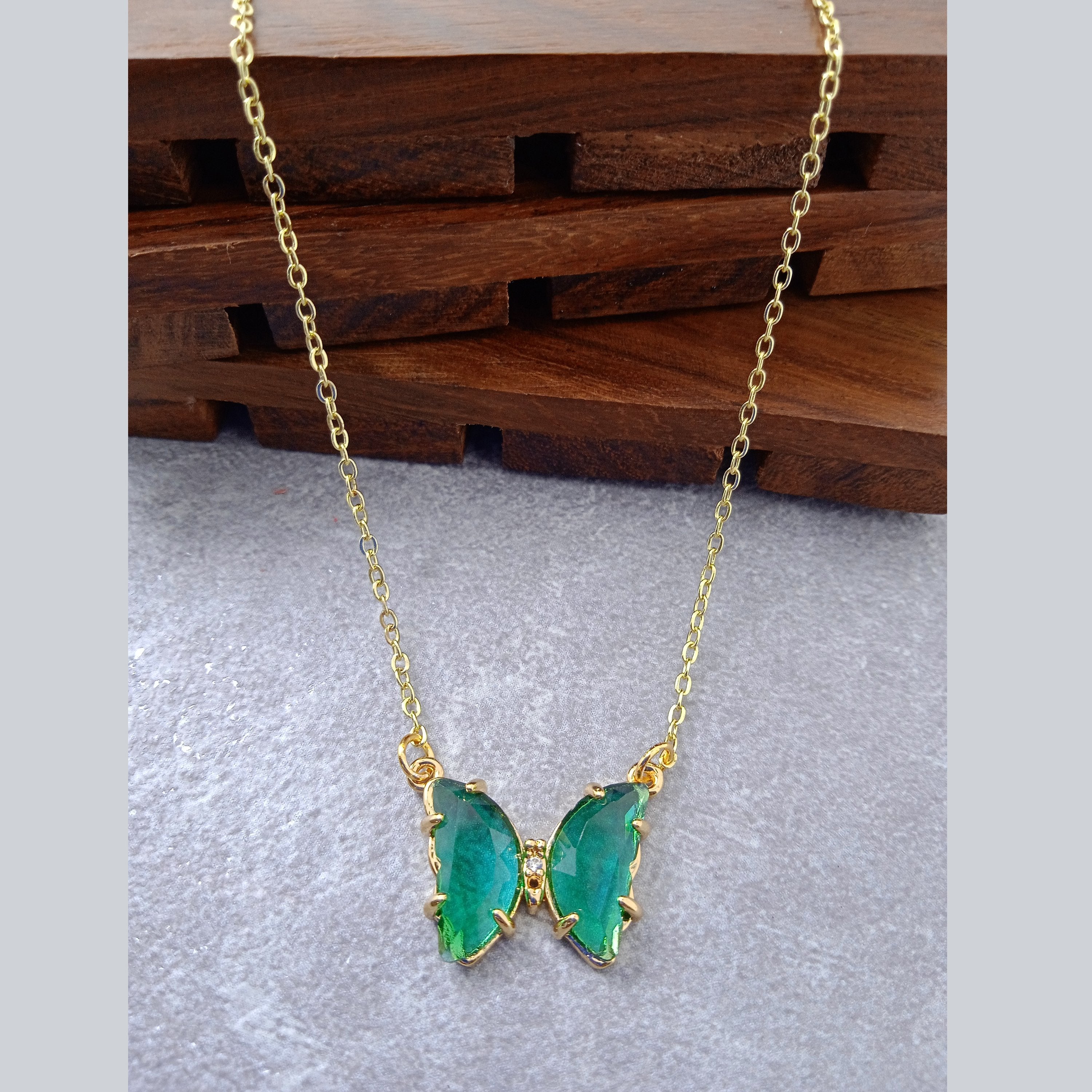 Butterfly Brass Green Crystal Pendant Chain Necklace For Women Bulk