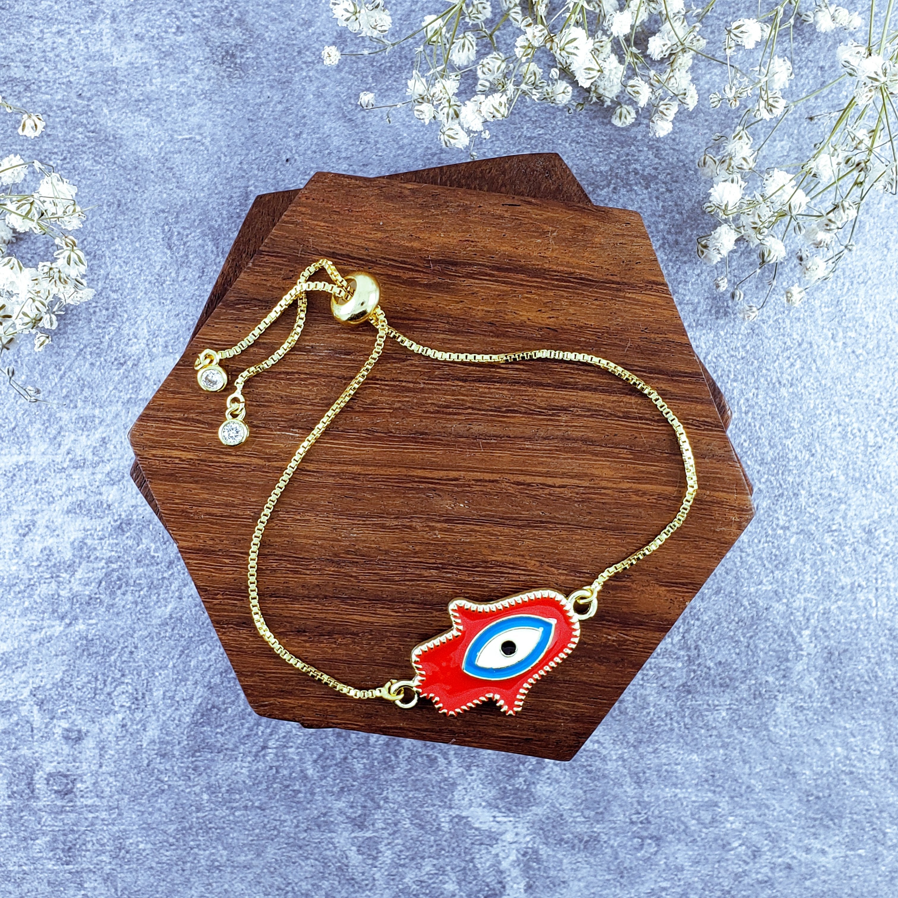 Hamsa Evil Eye Red Gold Enamel Slider Adjustable Bracelet For Men Main image