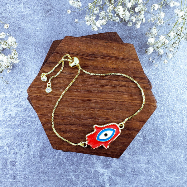 Hamsa Evil Eye Red Gold Enamel Slider Adjustable Bracelet For Men Main image