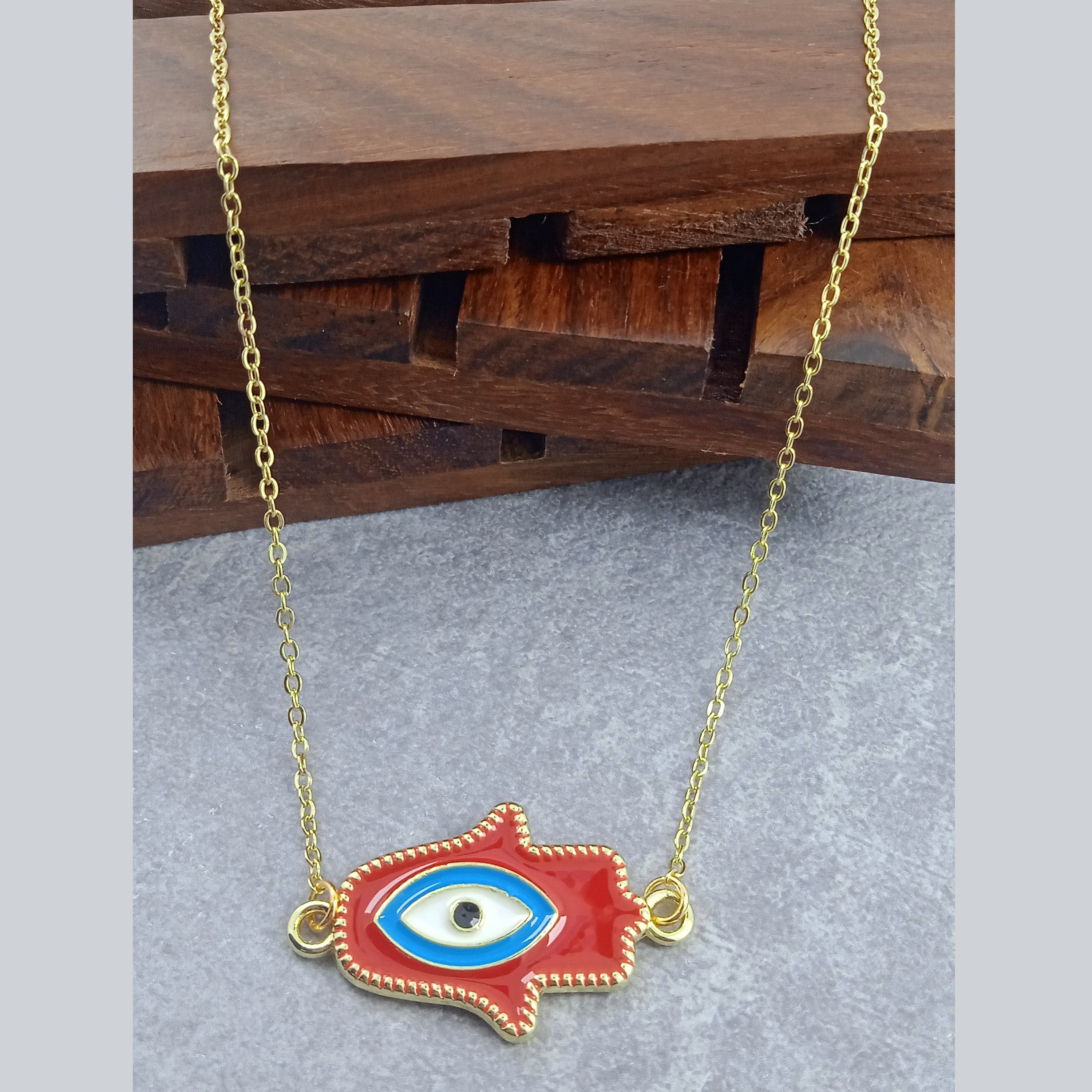 Hamsa Evil Eye Brass Red Enamel Pendant Chain Necklace For Women Bulk