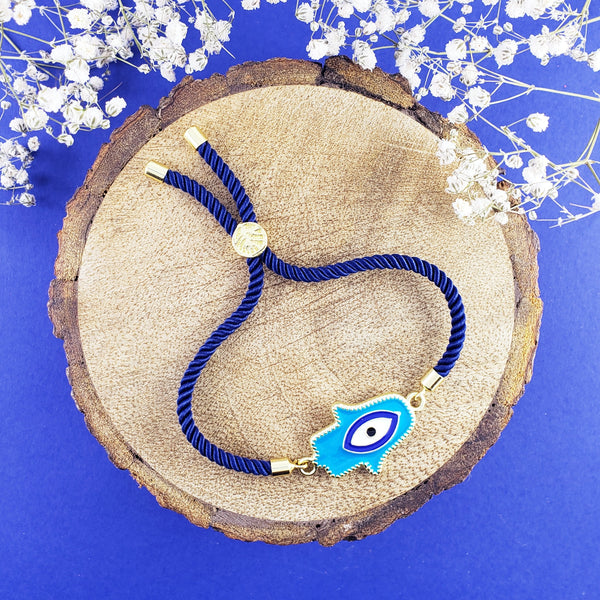Hamsa Evil Eye Blue Gold Enamel Slider Adjustable Thread Bracelet Bulk Main image
